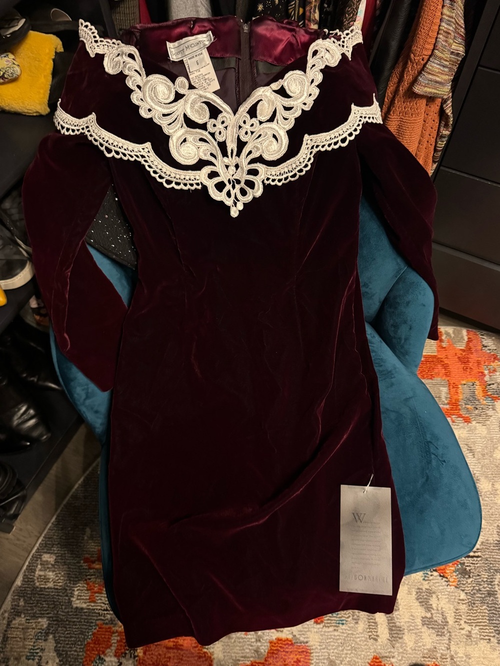 Insane Designer Whimsigoth Velvet Lace 1990’s Burgundy Deadstock Velvet Dress ♥️ - Picture 15 of 15
